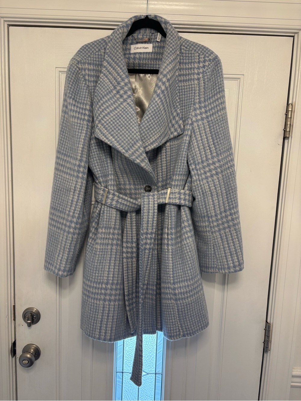 Calvin Klein Pale Blue Plaid Belted Trench Coat